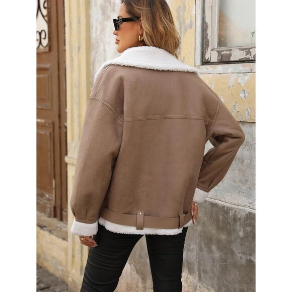 Women khaki LY VAREY LIN Faux Leather Sherpa Aviator Bomber Jacket - Picture 6 of 7